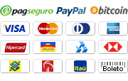 Aceitamos pagamentos através do PagSeguro e do PayPal com Visa, MasterCard, Diners, American Express, Hipercard, Aura, Elo, PLENOCard, Bradesco, Itaú, Banco do Brasil, Banrisul, Banco HSBC, Oi Paggo e boleto bancário.