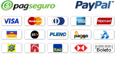Aceitamos pagamentos através do PagSeguro e do PayPal com Visa, MasterCard, Diners, American Express, Hipercard, Aura, Elo, PLENOCard, Bradesco, Itaú, Banco do Brasil, Banrisul, Banco HSBC, Oi Paggo e boleto bancário.